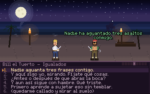 Duelo de insultos: dos piratas en la playa y un menú con seis insultos para elegir
