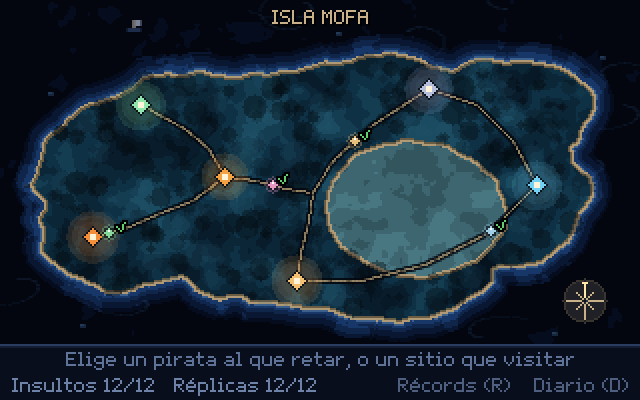 Mapa aéreo nocturno de Isla Mofa con veredas y puntos de colores